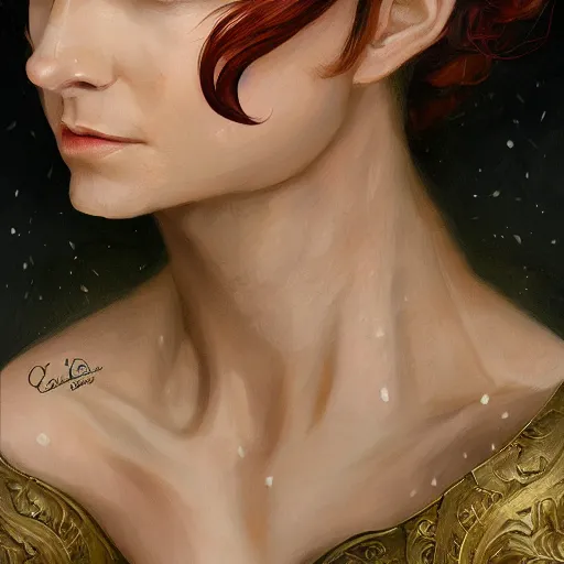 Image similar to a detailed matte head - on portrait painting of an middle - aged half - tiefling noblewoman with golden eyes and short well kept hair, by charlie bowater, lise deharme, wlop, tending on arstation, dungeons and dragon, dnd, pathfinder, fanart, oil on canvas