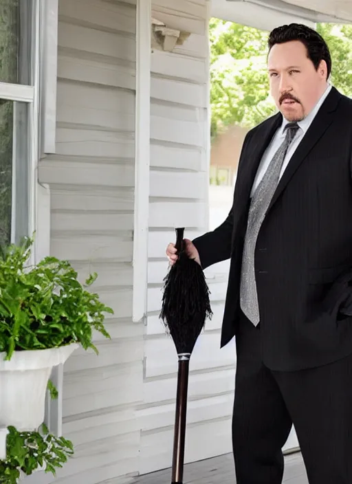 Prompt: clean - shaven 2 0 1 2 jon favreau as happy hogan wearing a black suit and black necktie and apron is sweeping the front porch of a house with a broom.