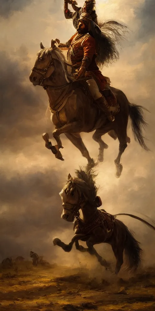 Image similar to Highly detailed and cinematic romantic period oil painting of an Arabian prince riding a rearing horse, beautifully lit and atmospheric, an oil painting masterpiece by Josep Tapiró Baró, RPG portrait, dynamic lighting, 8K