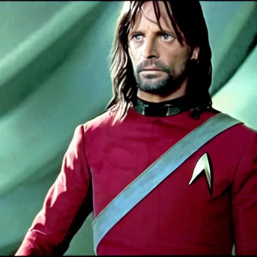 Image similar to A still of Aragorn on Star Trek: The Original Series, red shirt, sharp focus, high quality, very realistic, 4k