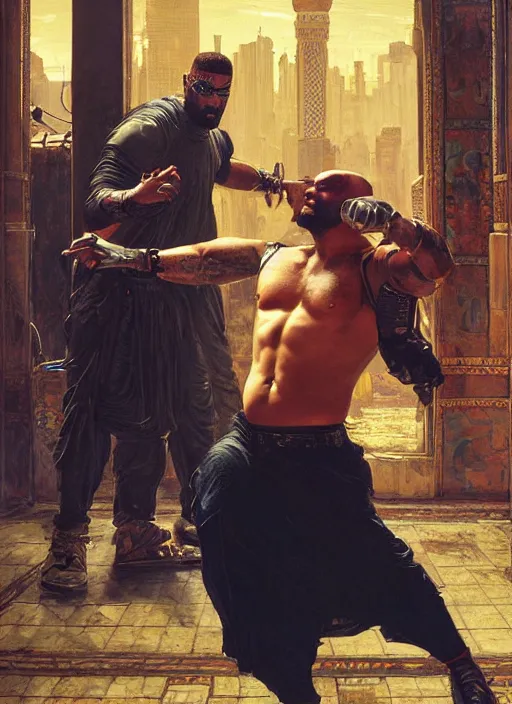 Image similar to big mike. cyberpunk meathead getting punched. (Cyberpunk 2077, bladerunner 2049). Iranian orientalist portrait by john william waterhouse and Edwin Longsden Long and Theodore Ralli and Nasreddine Dinet, oil on canvas. Cinematic, hyper realism, realistic proportions, dramatic lighting, high detail 4k