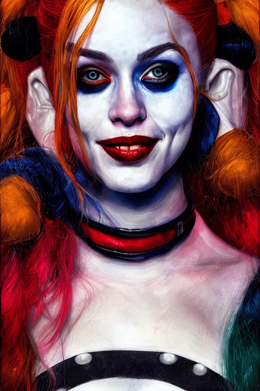 Image similar to portrait of Harley Quinn, highly detailed, artstation, illustration, art by Gustav Klimt