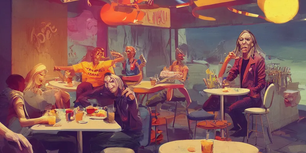 Image similar to cartoonish iggy pop having breakfast at the drive inn, vivid colors, character sheet, fine details, concept design, contrast, kim jung gi, greg rutkowski, trending on artstation, 8 k, full body, turnaround, front view, back view, ultra wide angle