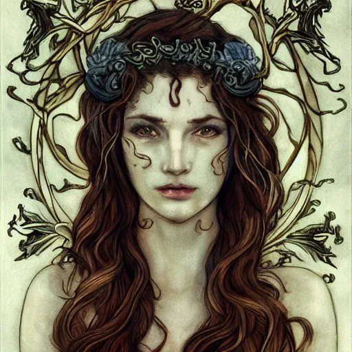 Image similar to character concept portrait of a beautiful woman with pale full face, medusa, headful of snakes, arthur rackham, blue / grey eyes, elegant, digital painting, art nouveau, smooth, focus, red glow