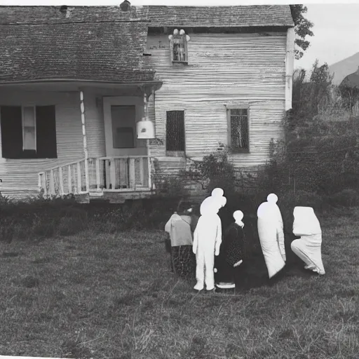 Prompt: alien in grandma's village is photographed with friends against the backdrop of an old house, top secret style photo, 7 0 s