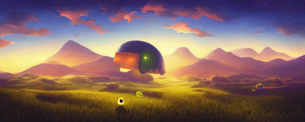 Prompt: detailed round pacman being chased by ghosts, in a beautiful nature landscape with clouds, mountains, in background, sunset, by rhads, round pacman, detailed, coherent