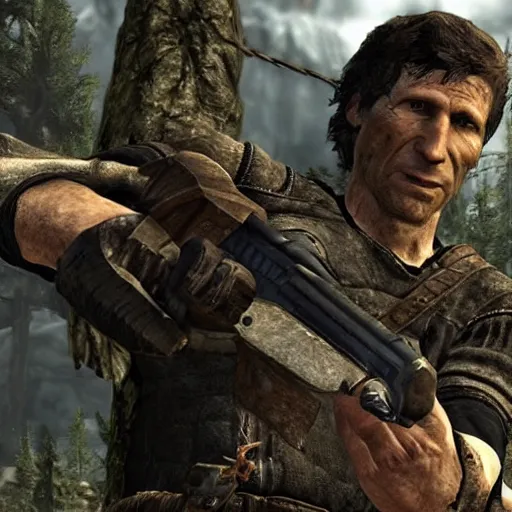 Image similar to todd howard pointing a gun towards the camera and forcing you to buy skyrim, threatening, sharp, cinematic, colorful,