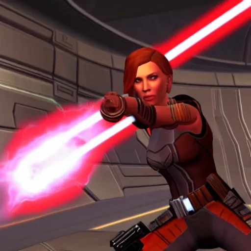Prompt: video game screenshot of Scarlett Johansson in Star Wars the Old Republic