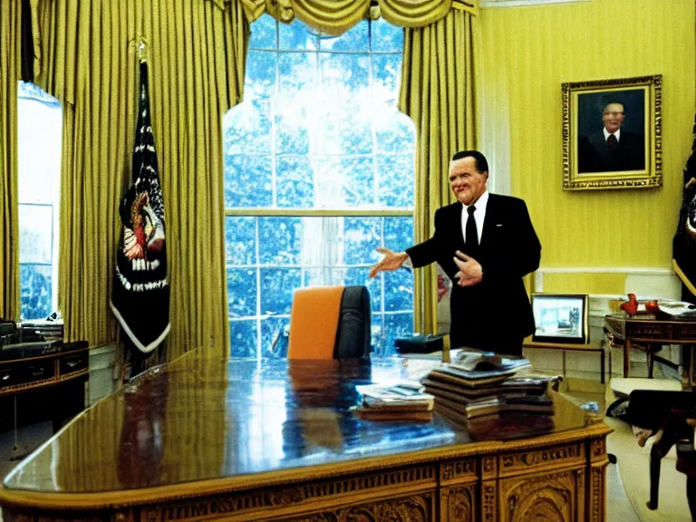 Image similar to photo of richard nixon t posing in the oval office, kodachrome, wide angle