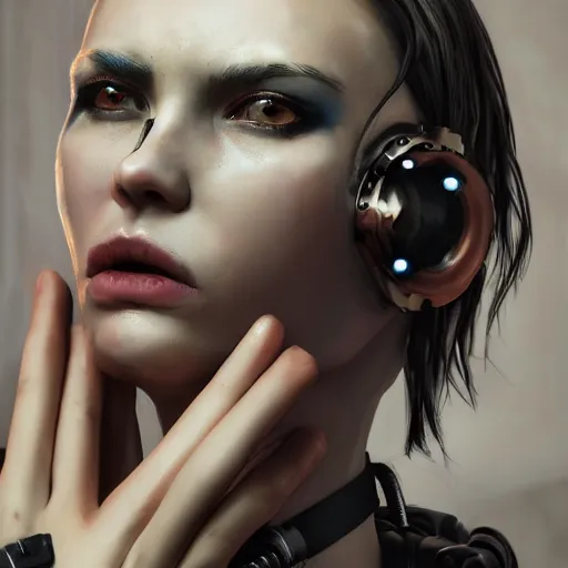 Image similar to detailed realistic female character cyberpunk wearing thick steel collar around neck, realistic, art, beautiful, 4K, collar, choker, collar around neck, punk, artstation, detailed, female, woman, choker, cyberpunk, neon, punk, collar, choker, collar around neck, thick collar, choker around neck, wearing choker, wearing collar,