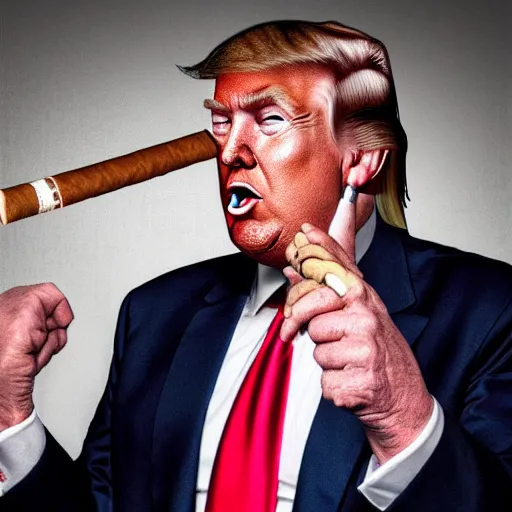 Image similar to a high quality photo of donald trump smoking a cigar, ultra realistic, artstation, cgsociety