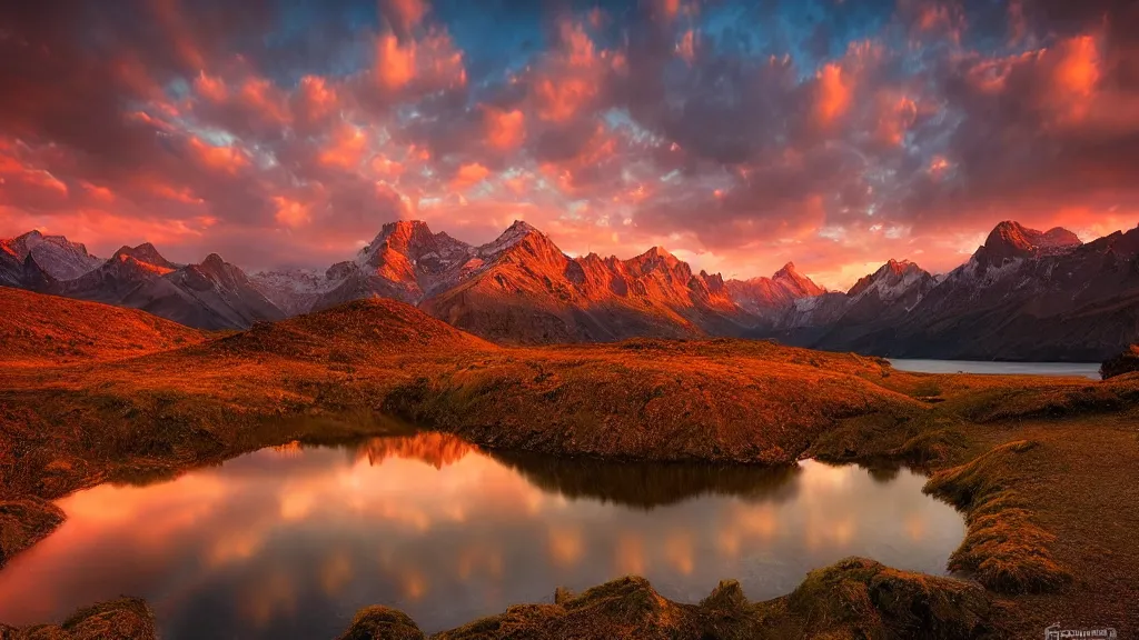 Image similar to amazing landscape photo of mountains with lake in sunset by marc adamus, beautiful dramatic lighting