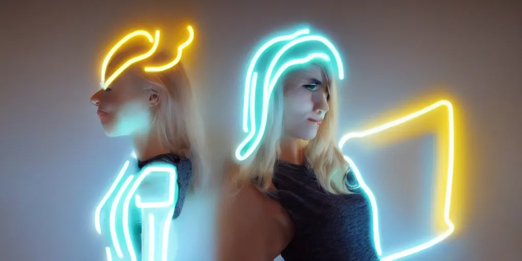 Image similar to a beautiful female blonde android cyborg neon light