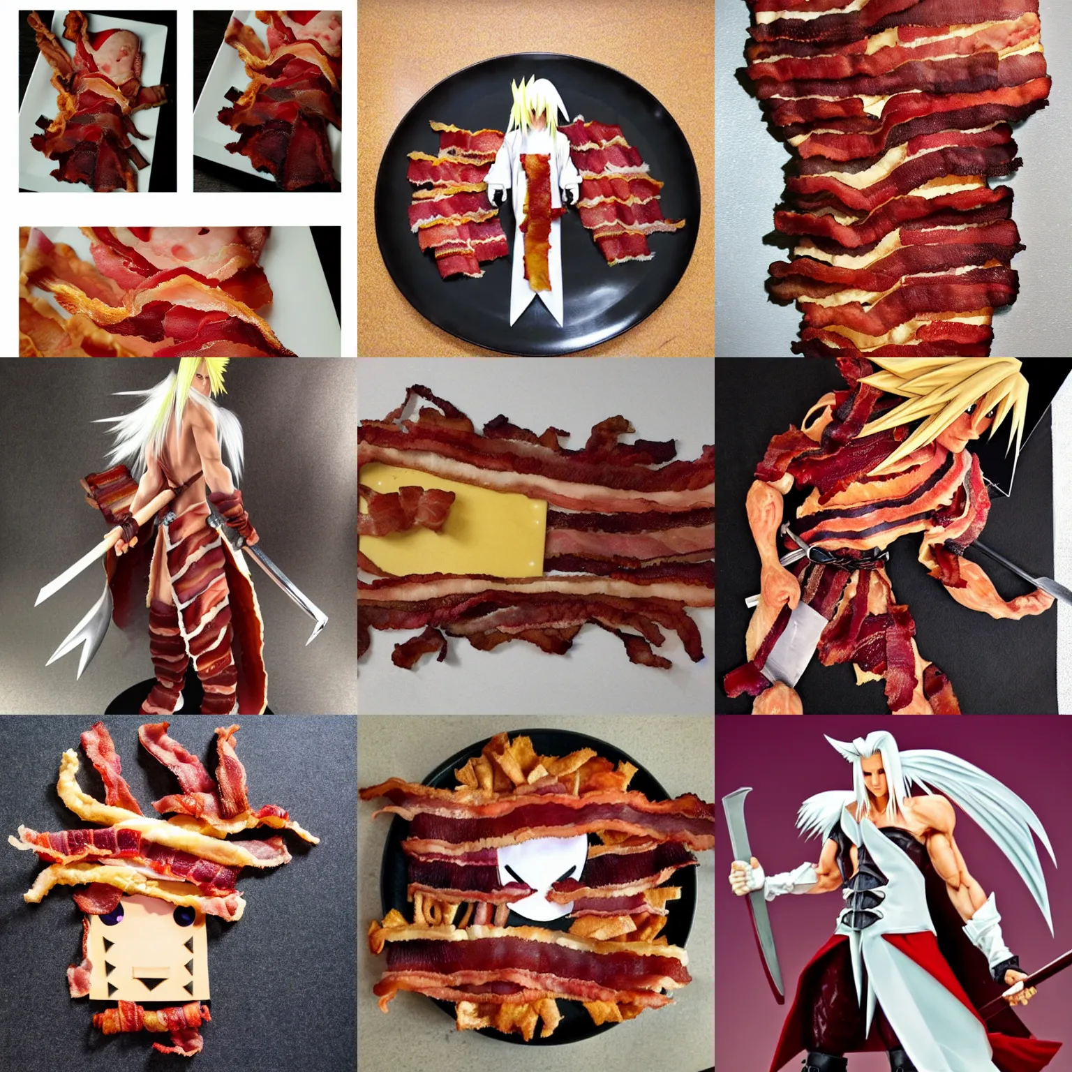 Prompt: sephiroth made out of crispy bacon