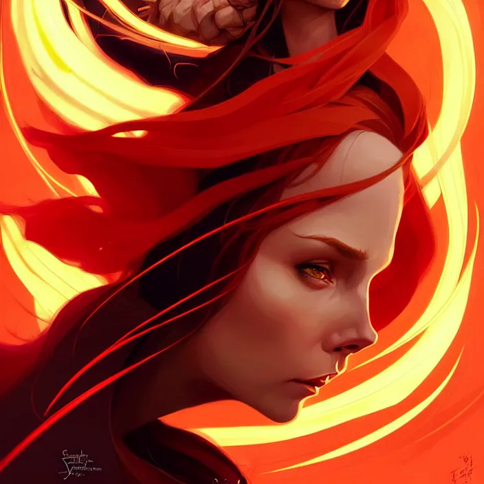 Image similar to style artgerm, joshua middleton, ellen jewett, beautiful kristen bell with dark red dress, very long orange hair, symmetrical face, symmetrical eyes, fire powers fire swirling, detailed, volcano setting, cinematic lighting