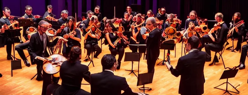 Prompt: a tango orchestra performance, epic, cinematic composition, ultra detailed, 4 k, ultrawide, distant shot, dramatic lighting