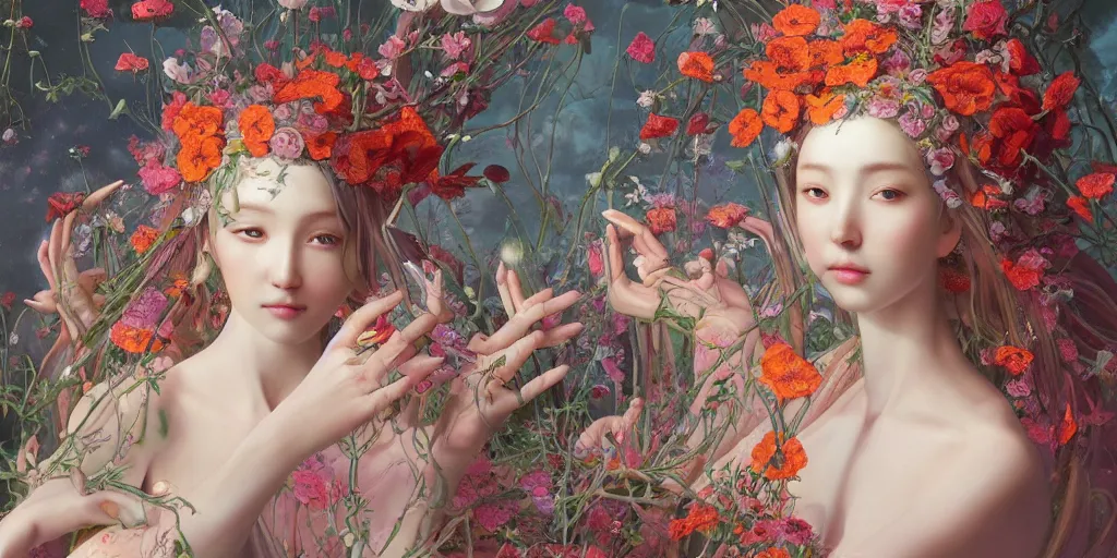 Image similar to breathtaking detailed concept art painting of the goddess of poppy flower, orthodox saint, with anxious, piercing eyes, ornate background, amalgamation of leaves and flowers, by hsiao - ron cheng and john james audubon and miho hirano, extremely moody lighting, 8 k