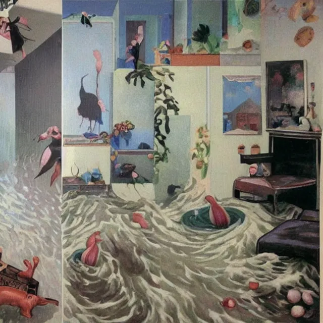 Image similar to tall female emo artists in their flooded apartment, painting of flood waters inside an artist's home, a river flooding indoors, pomegranates, pigs, ikebana, zen, water, octopus, river, rapids, waterfall, black swans, canoe, berries, acrylic on canvas, surrealist, by magritte and monet