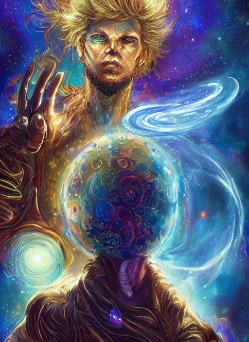 Image similar to high intricate digital paint of the sandman holding a glimmering galaxy, full shot, neil gaiman, maria panfilova, andrea savchenko, mike kime, ludovic plouffe, qi sheng luo, oliver cook, julian calle, eddie mendoza, trending on artstation