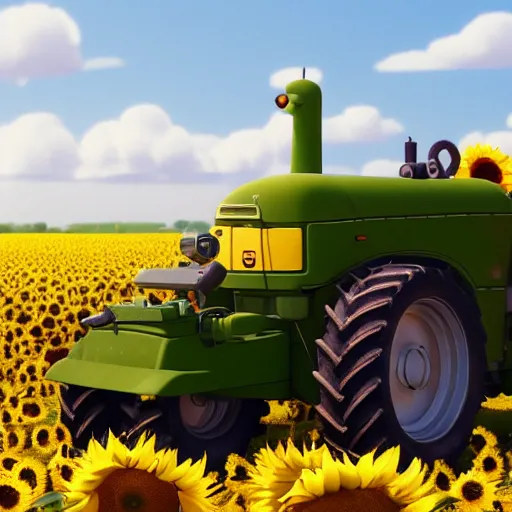 Image similar to a cute tractor in a sunflower field towing a russian tank by goro fujita, 3 d octane render, 8 k, trending on artstation, hyper detailed, cinematic