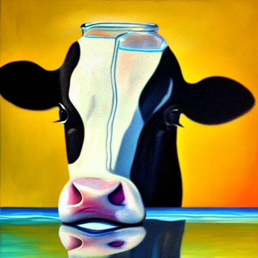 Prompt: tiny cow in glass drink swimming | style salvadore dali | oil painting | featured artstation | impressionist