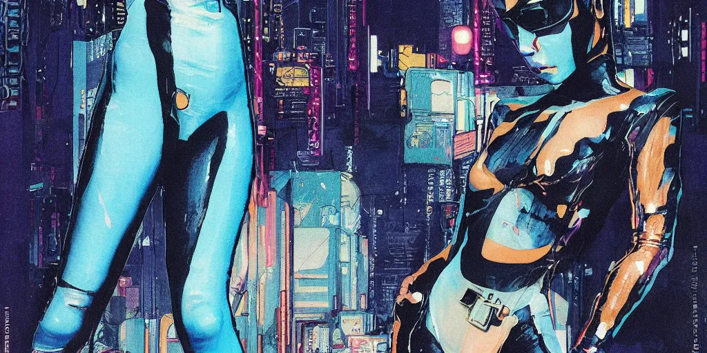 Prompt: a close - up grainy risograph painting of cyberpunk japanese model man with black eyes and pretty face wearing latex catsuit and lots of transparent and cellophane accessories, blue hour, twilight, by moebius and lehr paul