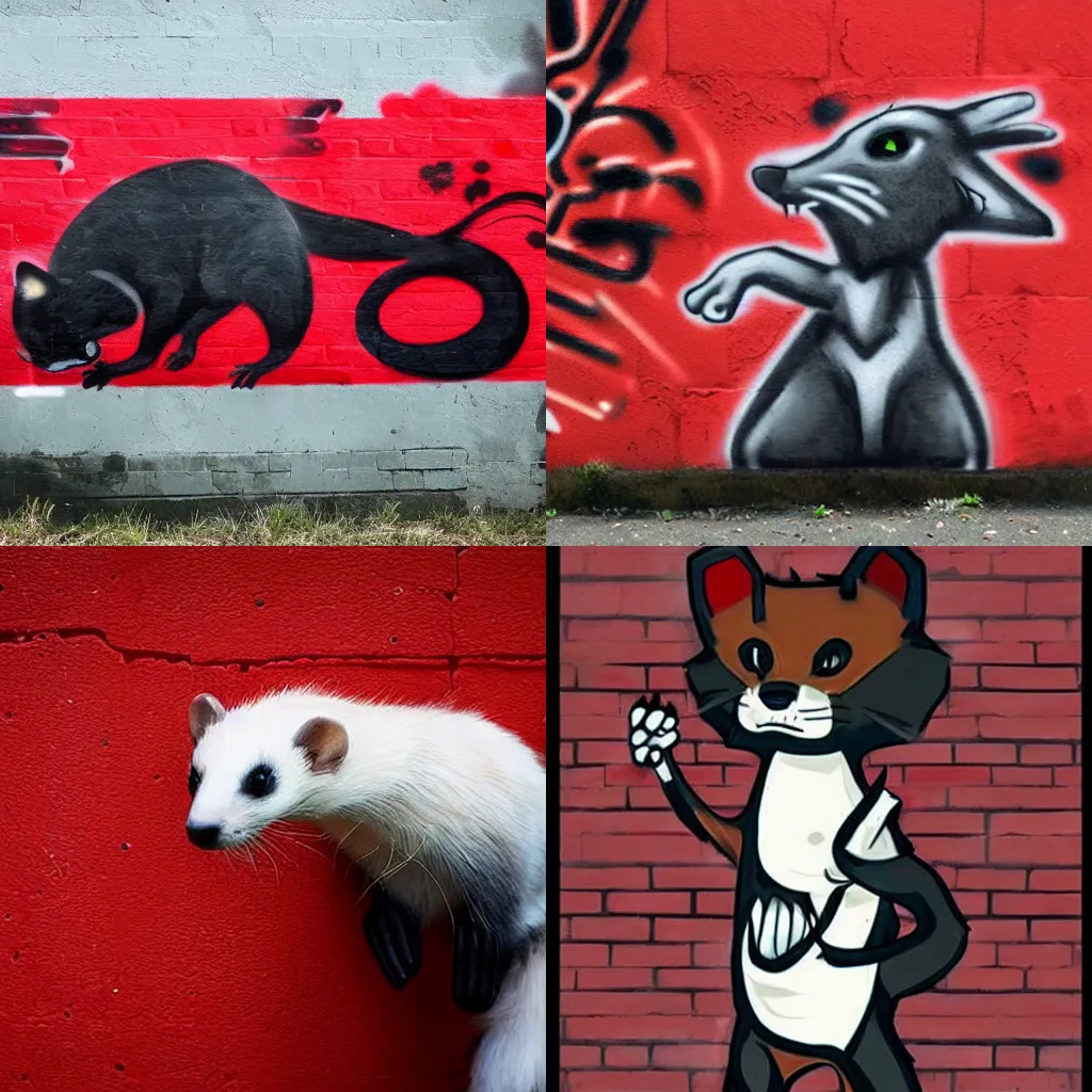 Prompt: ( ( ( red + black + ( furry fandom * fursona ) ) / ( weasel * ferret * stoat ) ) + ( smoke / background ) ) = ( wall + graffiti )