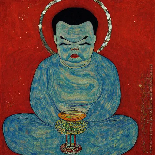 Image similar to hotei budai painting by egon schiele glitter iglitch datamosh