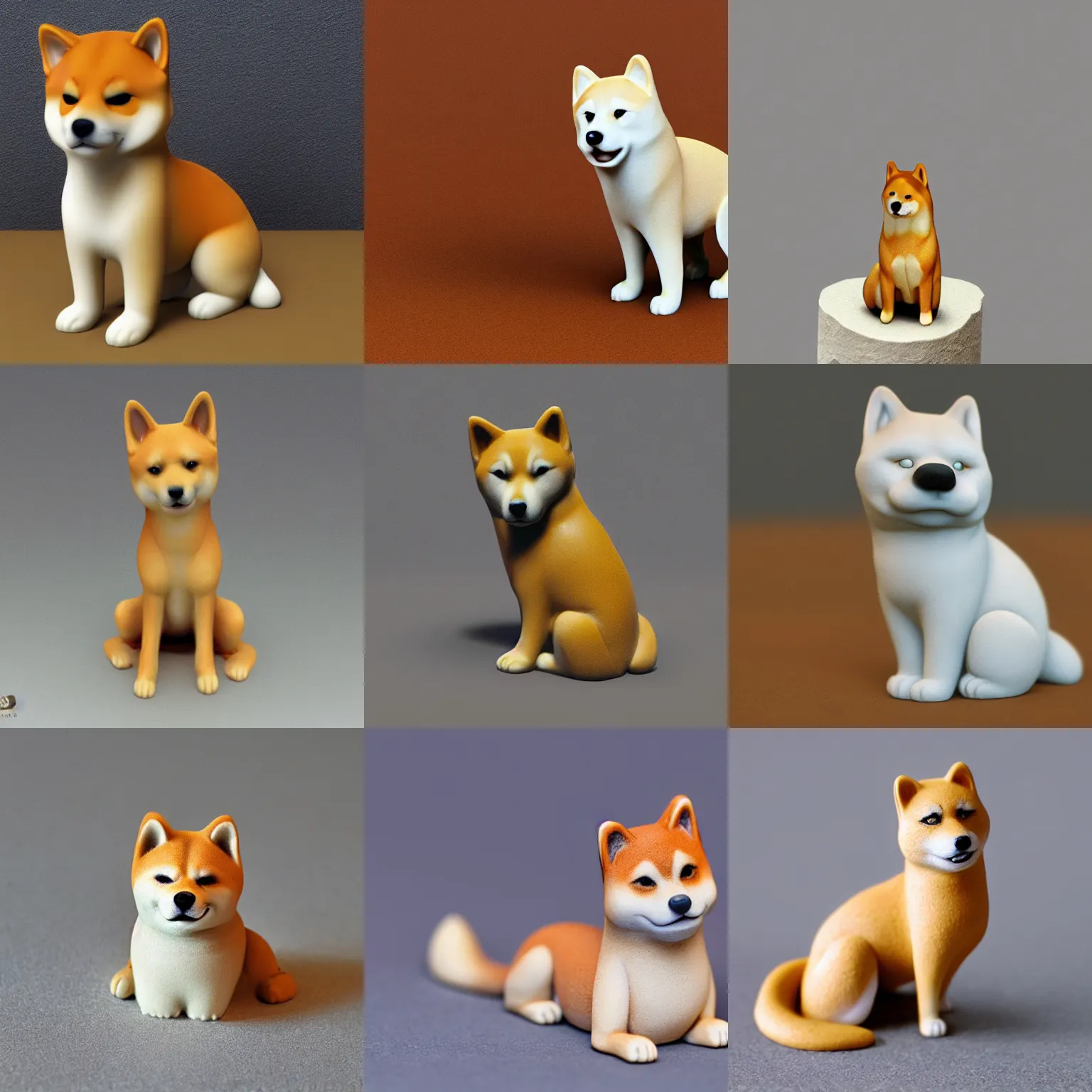 Prompt: shiba figurine, clay, hyperrealistic, 8 k hd, faded background, plain background, very detailed, fur