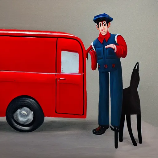 Image similar to postman pat visits a gallery with his cat jess, red van, white gallery, contemporary art, photorealistic