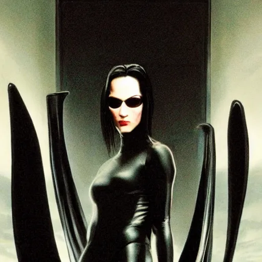 Prompt: portrait of neo from the film the matrix 1 9 9 9 wearing a black cape and leather bodysuit whilst standing atop a skyscraper greg rutkowski mark ryden jim lambie kent monkman marcel duchamp