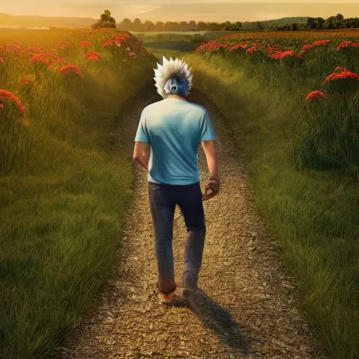 Image similar to realistic portrait of rick sanchez, rick and morty, walking in a field. france, dordogne, hills, ultra high, face to camera, detail, 8 k, sunset, flowers, trees, river, octane render.