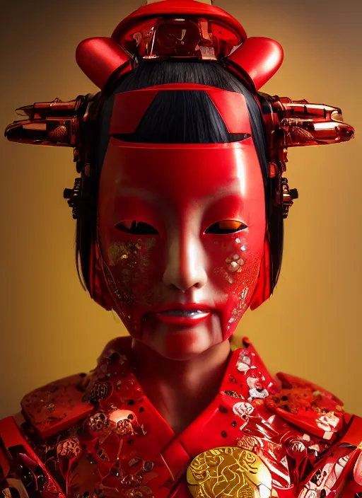 Image similar to portrait of a stylish futuristic geisha cyborg, with a red kimono with japanese golden signs written on it, kintsugi, modern fine art, fractal, intricate, elegant, highly detailed, digital photography, subsurface scattering, in the style of ghost, by yue minjun and greg rutkowski,