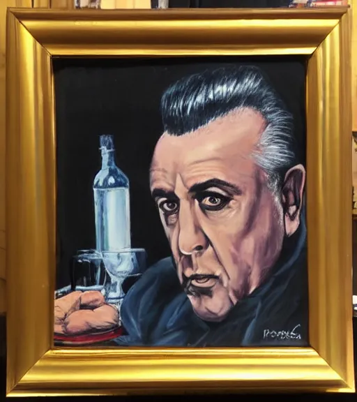 Prompt: framed portrait painting of paulie walnuts sitting at a mafia table