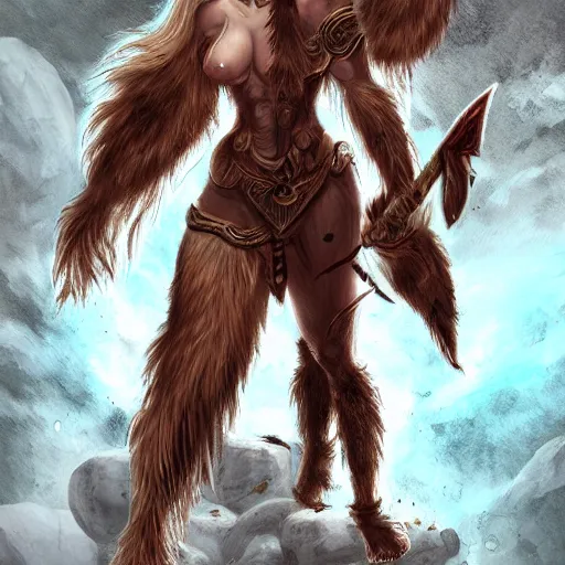 Image similar to comic book art, female Minotaur warrior, brown fur, white spots, fantasy concept art