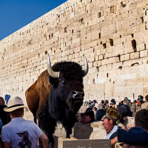 Image similar to photo of a bison, at the Wailing Wall in Jerusalem, religious people, crowds, 50mm, beautiful photo