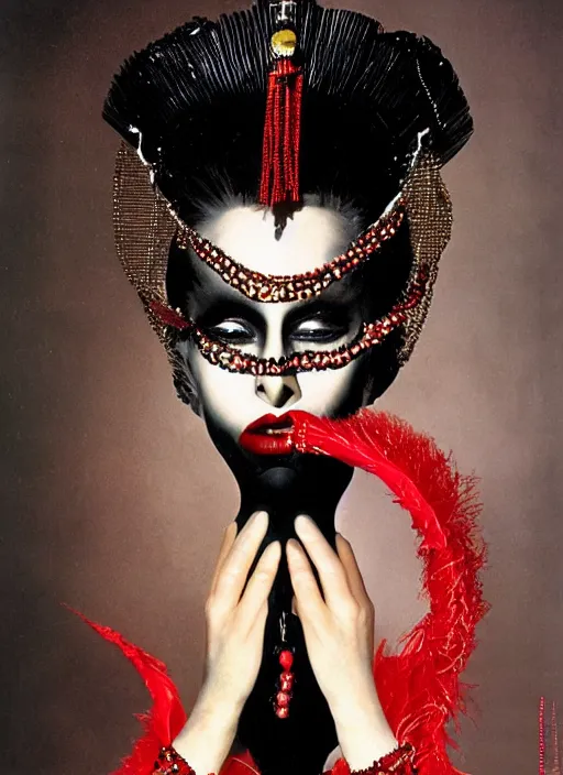 Image similar to an 8 0 s portrait of a woman with dark eye - shadow and red lips with dark slicked back hair, a mask of beads and diamonds hanging from a thin black crown, dreaming acid - fueled hallucinations by serge lutens, rolf armstrong, delphin enjolras, peter elson, red cloth background