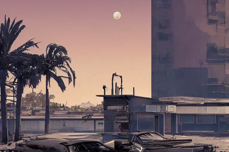 Image similar to broken robot | abandoned motel | palm trees | snowy mountains | moon in sky, painting by syd mead and weta studio and greg rutkowski and james jean and frank frazetta, gta san - andreas game screenshot, highly detailed, rule of third, soft lighting, architectural magazine, insanely intricate details, artstation trending, hypermaximalistic, high details, cinematic