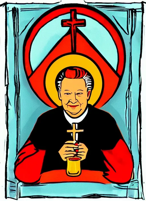 Image similar to president yeltsin with a bottle of vodka, icon with a halo, color art in a church style