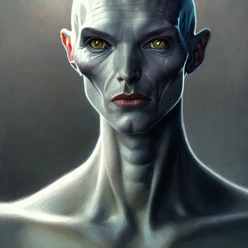 Image similar to grey alien, friendly peaceful, heroic lighting, dark fantasy, intricate, elegant, highly detailed, lifelike, photorealistic, digital painting, artstation, illustration, concept art, smooth, sharp focus, art by John Collier and Albert Aublet and Krenz Cushart and Artem Demura and Alphonse Mucha