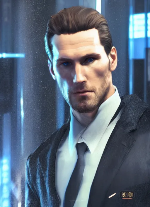 Image similar to photorealistic portrait photograph of connor cyberlife looking at you with a serious somber expression, detroit become human, handsome, depth of field, soft focus, highly detailed, intricate, realistic, national geographic cover, soft glow, textured skin