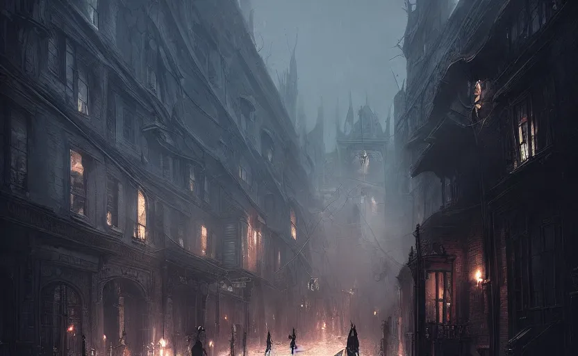 Image similar to Victorian city streets night, bloodborne, Greg Rutkowski, digital art, artstation