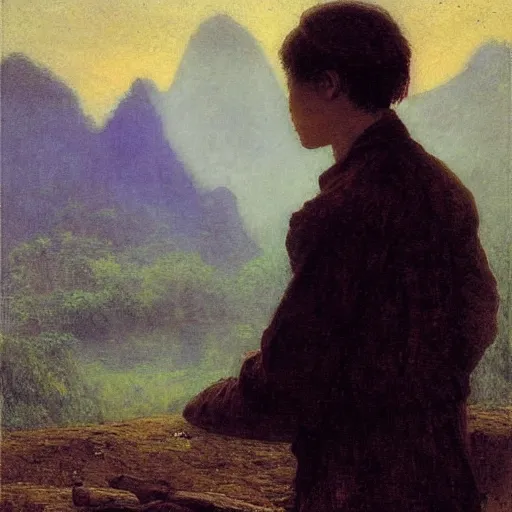 Prompt: a young man in guilin, by caspar david friedrich, by henry ossawa tanner, mist, sunrise