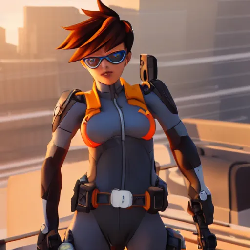 Image similar to tracer, standing on rooftop, 4 k, detailed, smiling at camera, confident stance