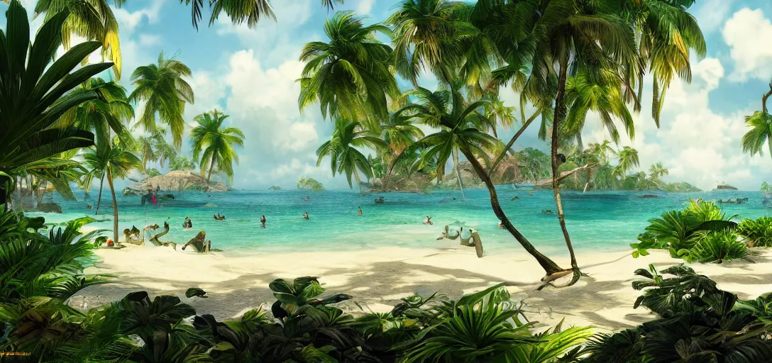 Image similar to beautiful tropical island beach, lush vegetation, white sand beach, tropic plants and flowers, clear water, dramatic lighting, cinematic, establishing shot, extremely high detail, foto realistic, cinematic lighting, post processed, concept art, artstation, matte painting, style by eddie mendoza, raphael lacoste, alex ross