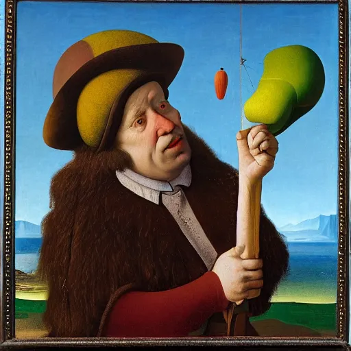 Prompt: Portrait of An ugly used up wench with a dirty mind fishing for rocks in all the wrong places. Painting by Jan van Eyck, Audubon, Rene Magritte, Agnes Pelton, Max Ernst, Walton Ford