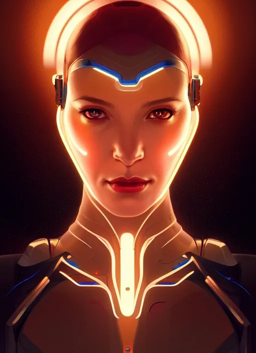 Image similar to symmetry!! portrait of female cyborg, sci - fi, glowing lights!! intricate, elegant, highly detailed, digital painting, artstation, concept art, smooth, sharp focus, illustration, art by artgerm and greg rutkowski and alphonse mucha, 8 k