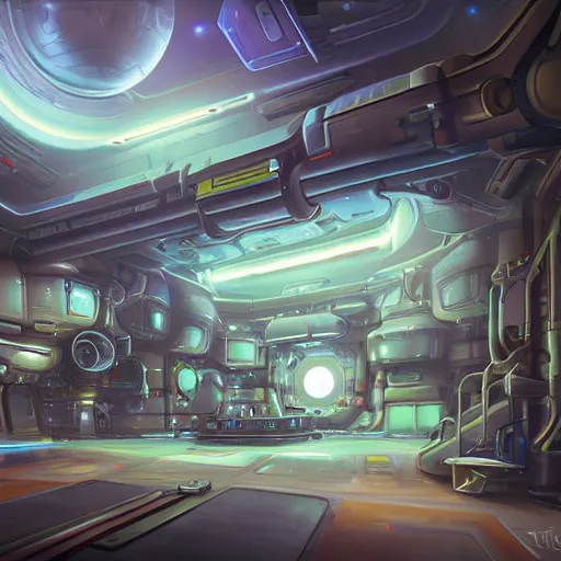 Prompt: a beautiful sci - fi painting of a warp drive engine room, starship mechanical room and workshop by tyler edlin, trending on artstation