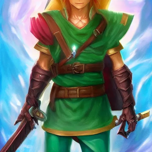 Prompt: link holding up the triforce with a triumphant look on his face, heroic, fantasy art, digital painting on artstation