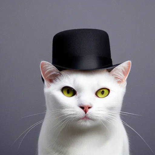 Prompt: a white cat with a hat on its head, a stock photo by Miao Fu, shutterstock contest winner, rasquache, stock photo, stylish, white background